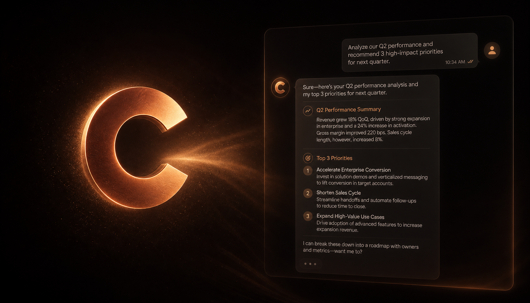 Glowing copper C icon beside a chat window mid-conversation, agent already briefed