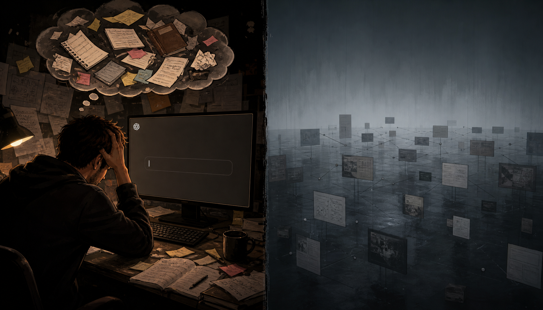 Frustrated user at a blank AI chat beside a wall of scattered context notes