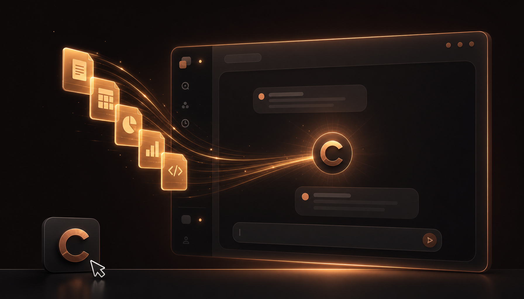 Desktop widget feeding glowing context files into the COS Bot chat window