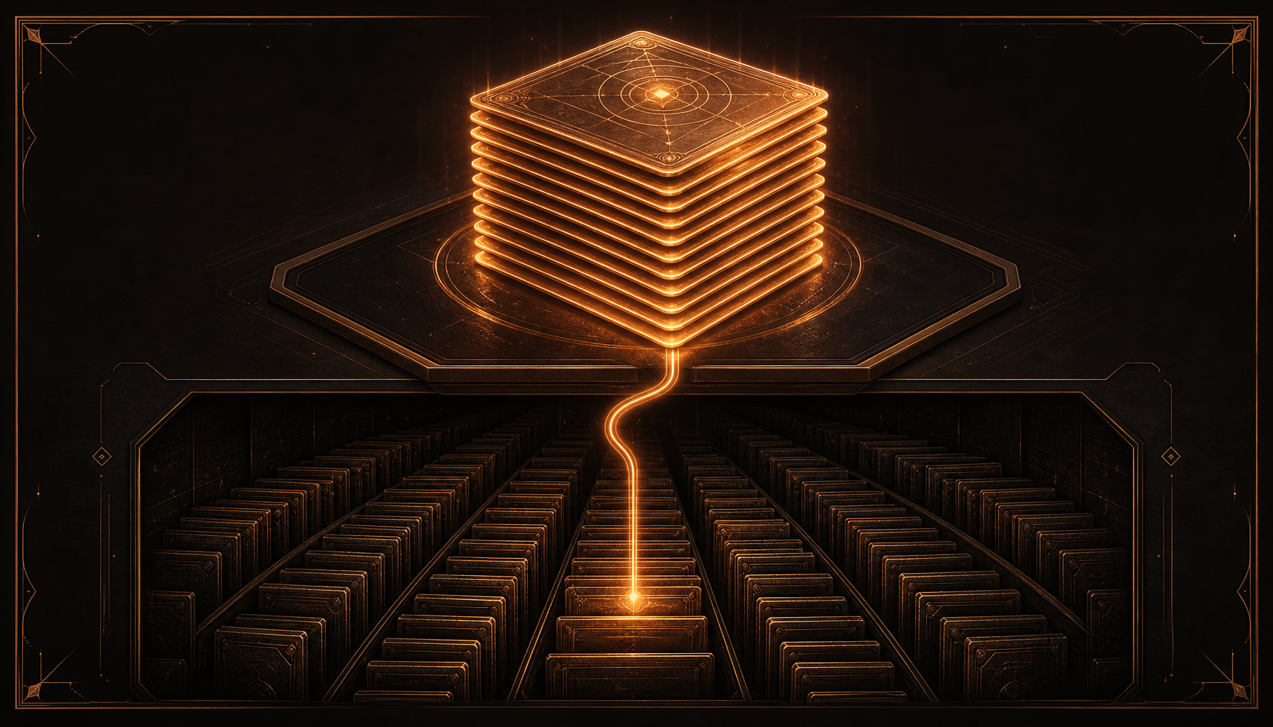 Glowing stack of hot context files above a vast archive vault of older files
